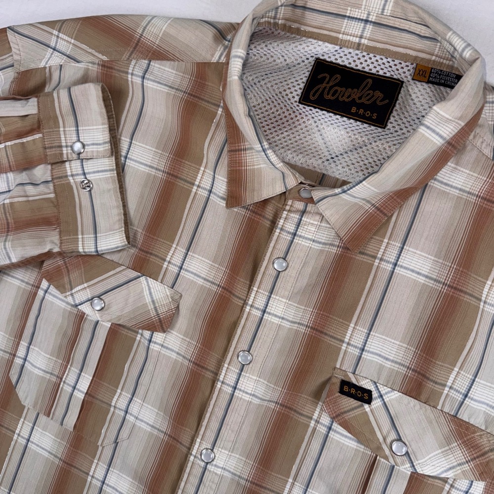 Howler Brothers Gaucho Snapshirt Mens XXL Brown Plaid Pearl Snap Vented Western